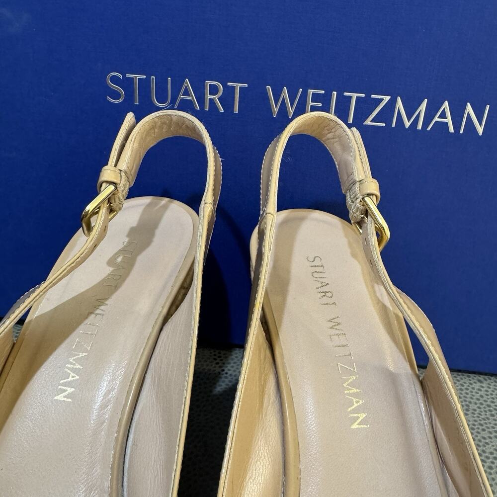STUART WEITZMAN AUTH $399 Women Beige Patent Leather Jean Wedge Sandals Size 9 M - Picture 6 of 16